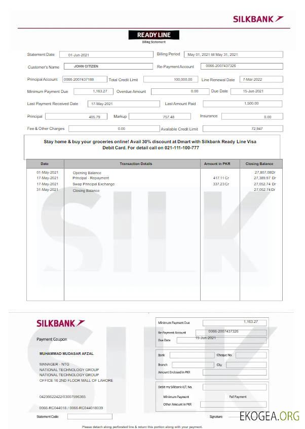 Déclaration de la Pakistan Silkbank Modèle Word et PDF scr